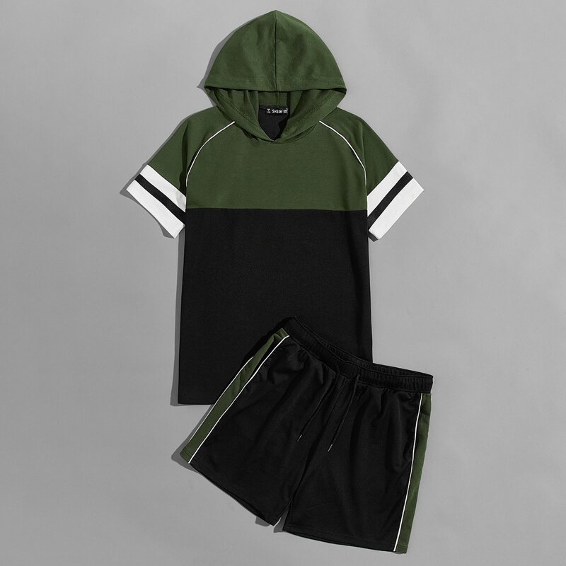 

Guys Colorblock Striped Tape Cuff Hoodie & Shorts Set, Black