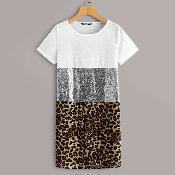 

Sequin Panel Leopard Print Colorblock Dress, Multicolor