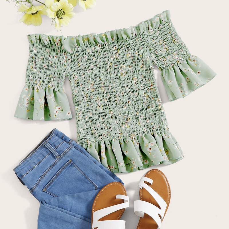 

Ditsy Floral Shirred Top, Green