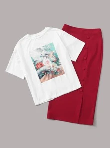 SHEIN Clasi Floral & Figure Print Top & Button Up Split Hem Skirt Set - Multicolor - View 4