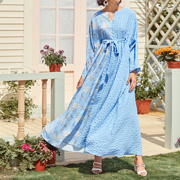 

Floral Print Jacquard Bubble Lattice Panel Belted Dress, Blue