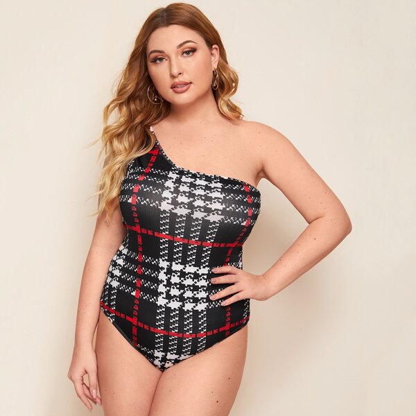 

Боди в клетку на одно плечо размера плюс, Чёрнобелые