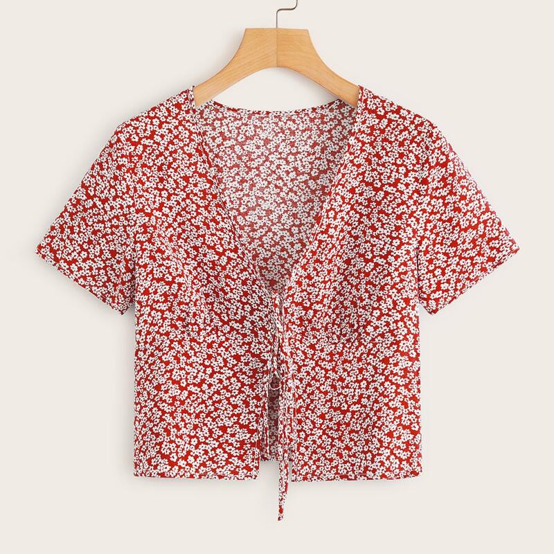 

Tie Front Ditsy Floral Top, Red