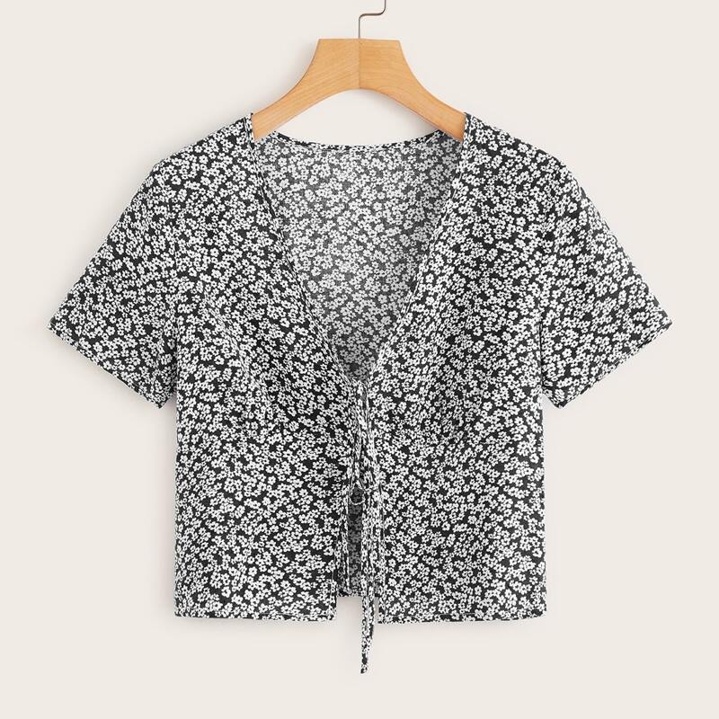 

Tie Front Ditsy Floral Top, Black and white