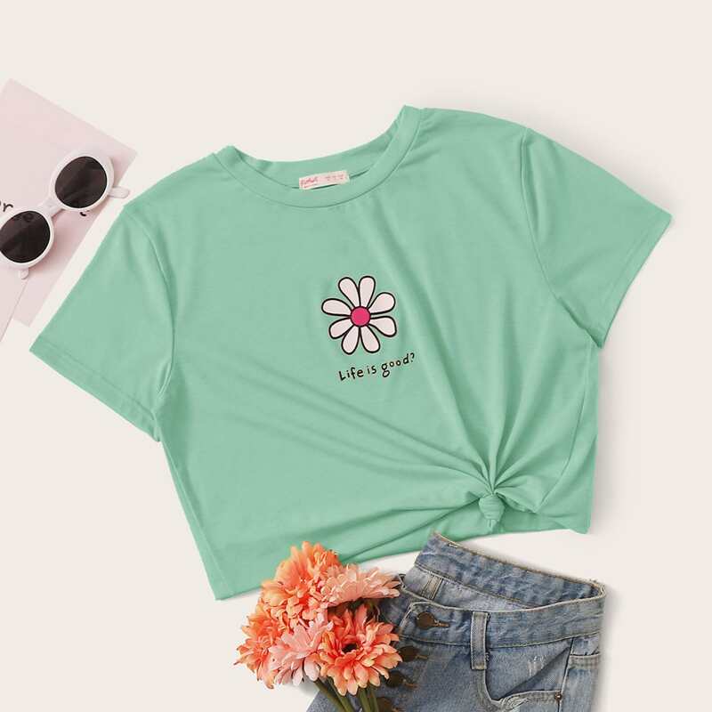 

Flower & Slogan Graphic Tee, Green