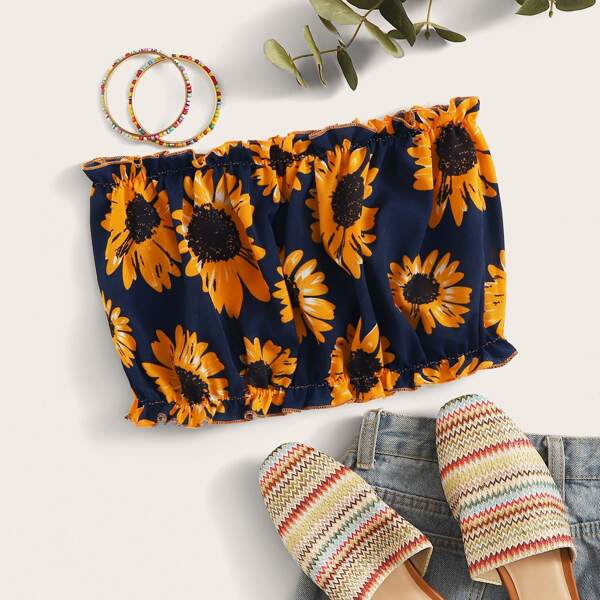 

Plus Floral Ruched Frill Bandeau Bikini Top, Navy blue
