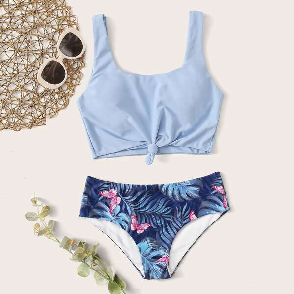 

Tropical Knot Front Bikini Swimsuit, Blue