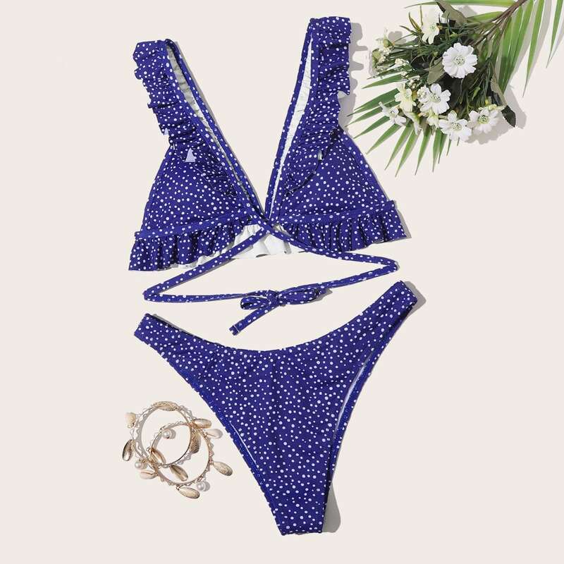 

Polka Dot Ruffle Triangle Bikini Swimsuit, Navy