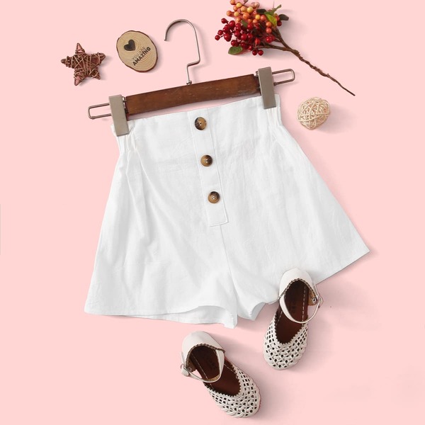 

Girls Paperbag Waist Button Front Shorts, White