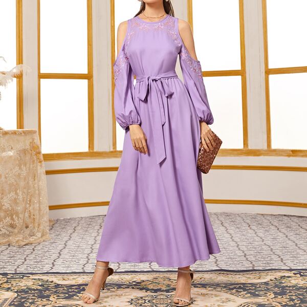 

Cold Shoulder Self Belted Embroidery Front Dress, Purple