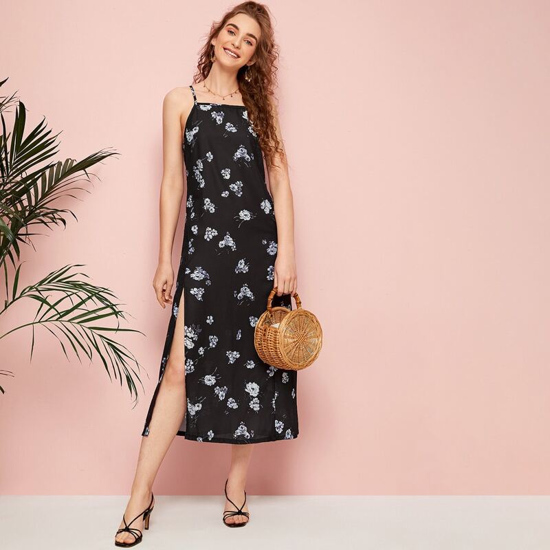 

Allover Floral Slit Cami Dress, Black