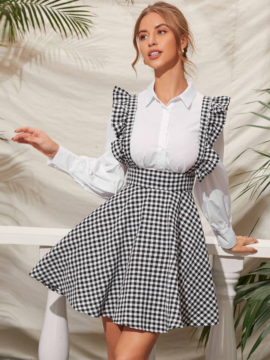 SHEIN Ruffle Strap Gingham Suspender Dress - Black and White - View 1