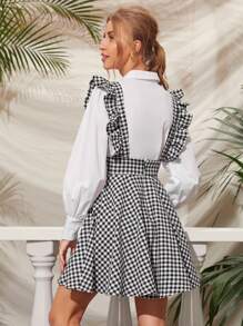 SHEIN Ruffle Strap Gingham Suspender Dress - Black and White - View 2