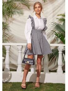 SHEIN Ruffle Strap Gingham Suspender Dress - Black and White - View 4