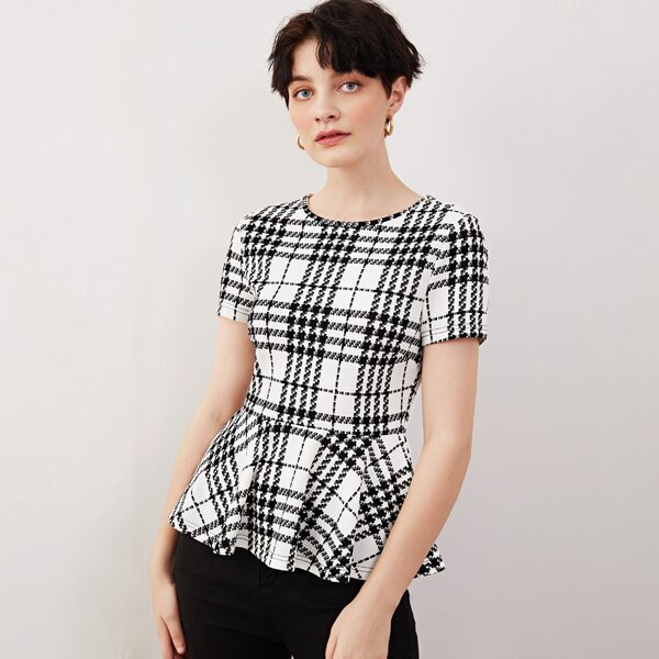 

Two Tone Plaid Peplum Top, Black and white