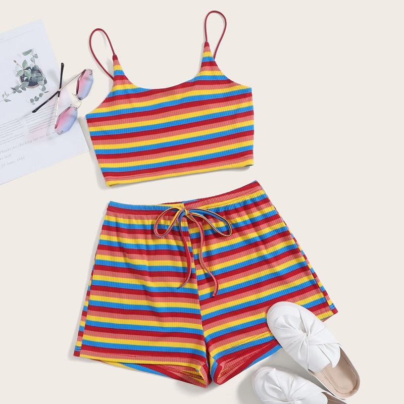 

Rainbow Striped Cami Top & Tie Waist Shorts Set, Multicolor