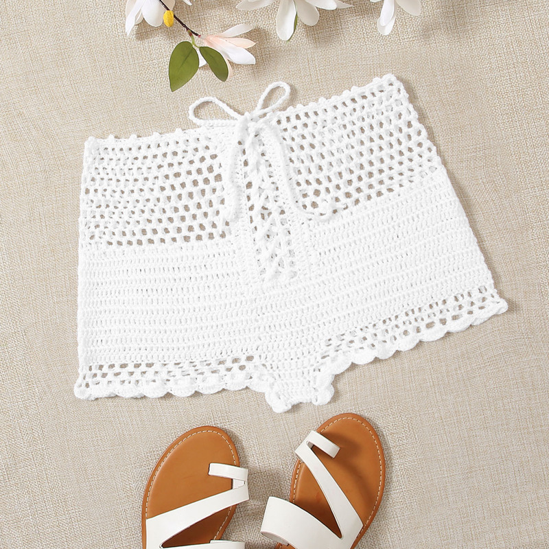 

Lace Up Front Crochet Cover Up Shorts, White