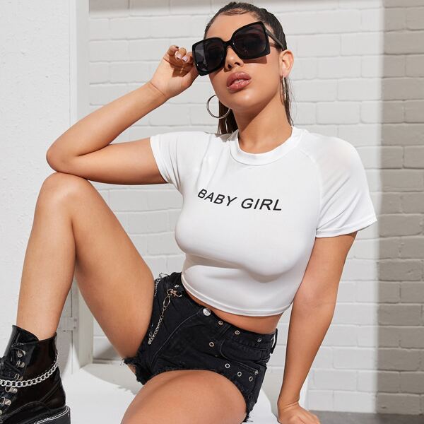 

Letter Graphic Raglan Sleeve Slim Crop Top, White