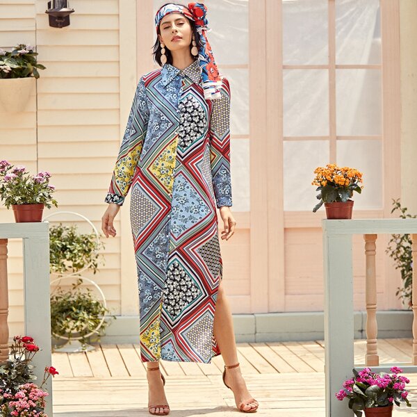 

Ditsy Floral Patchwork Split Hem Shirt Dress, Multicolor