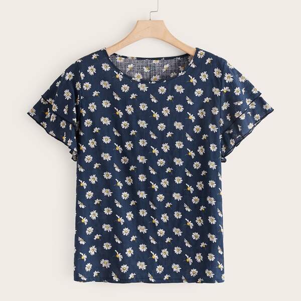 

Plus Allover Floral Butterfly Sleeve Blouse, Navy blue