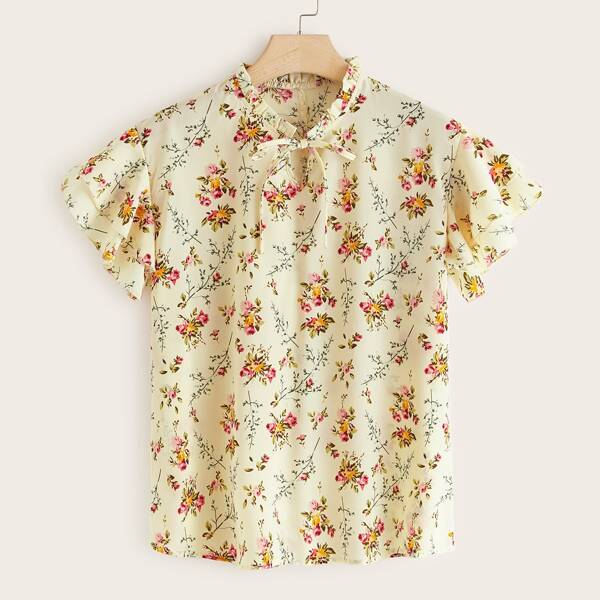 

Plus Plant Print Tie Neck Blouse, Yellow