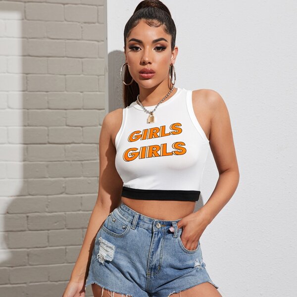 

Letter Graphic Colorblock Crop Top, White