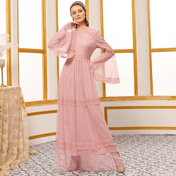 

Bell Sleeve Lace Trim Dobby Mesh Dress, Pink pastel
