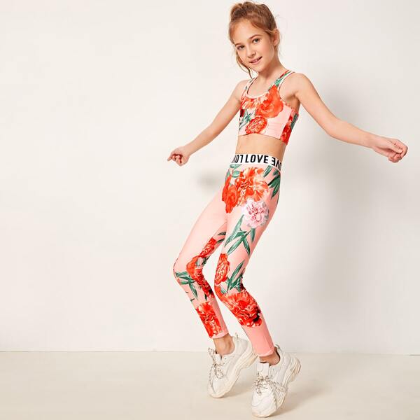 

Girls Floral Print Racer Back Top & Letter Waistband Leggings Set, Pink