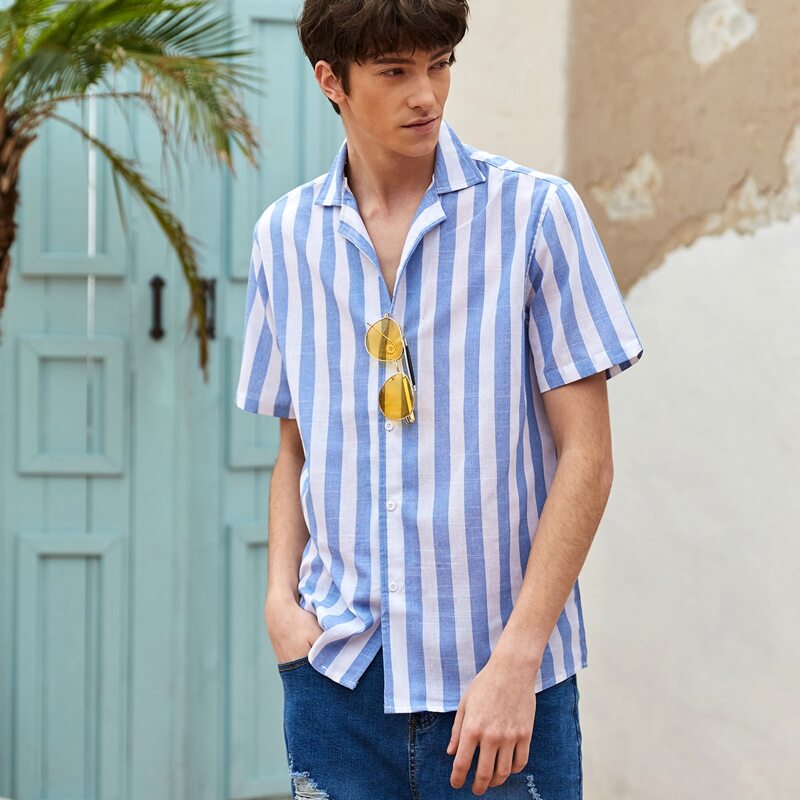 

Guys Button Up Notched Striped Shirt, Blue and white