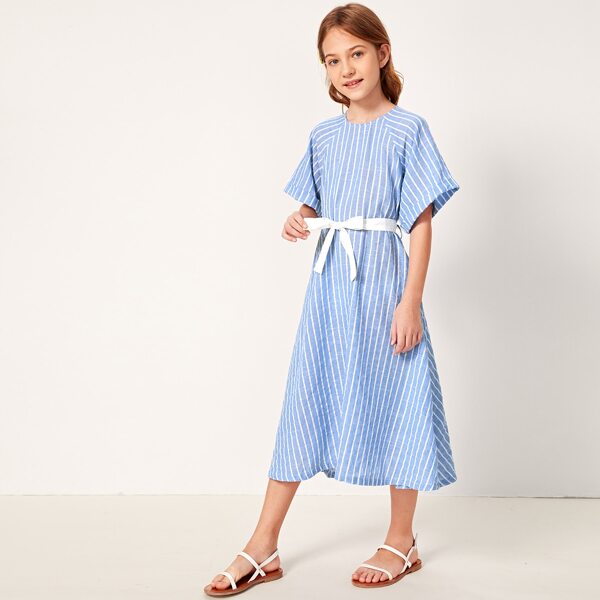 

Girls Raglan Sleeve Belted Striped Dress, Blue