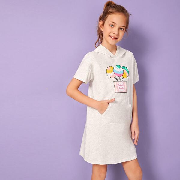 

Girls Letter and Candy Print Pouch Pocket Hooded Dress, Grey
