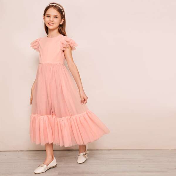 

Girls Butterfly Sleeve Ruffle Hem Mesh Dress, Pink pastel