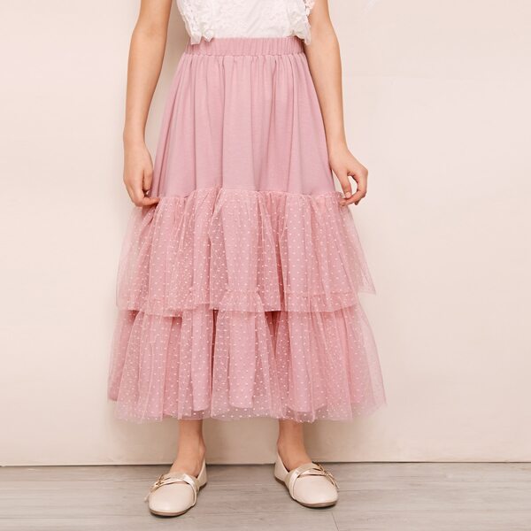 

Girls Swiss Dot Mesh Ruffle Hem Skirt, Pink