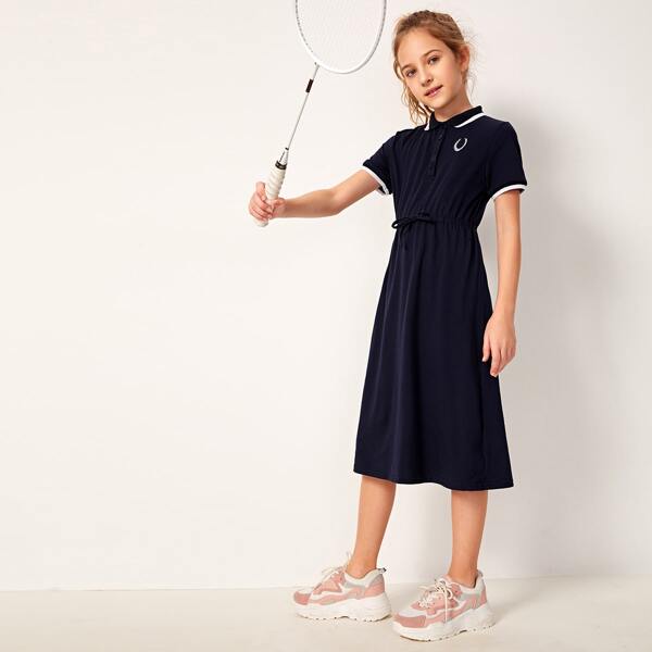 

Girls Buttoned Half Placket Contrast Trim Graphic Embroidery Dress, Navy blue