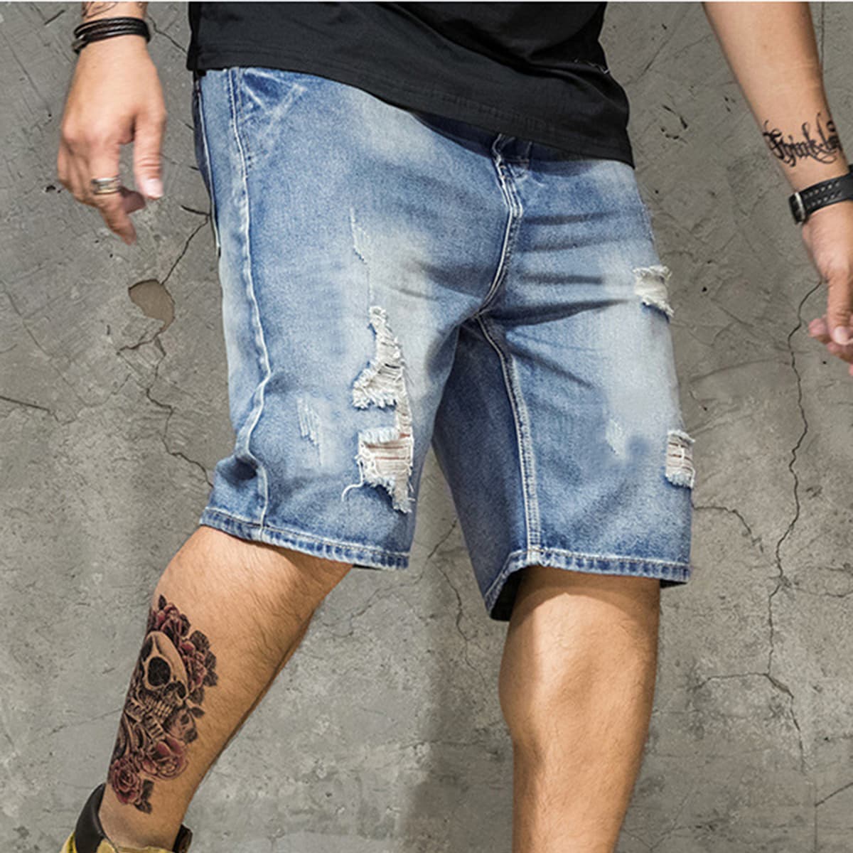 

Guys Bleached Wash Ripped Denim Shorts, Blue