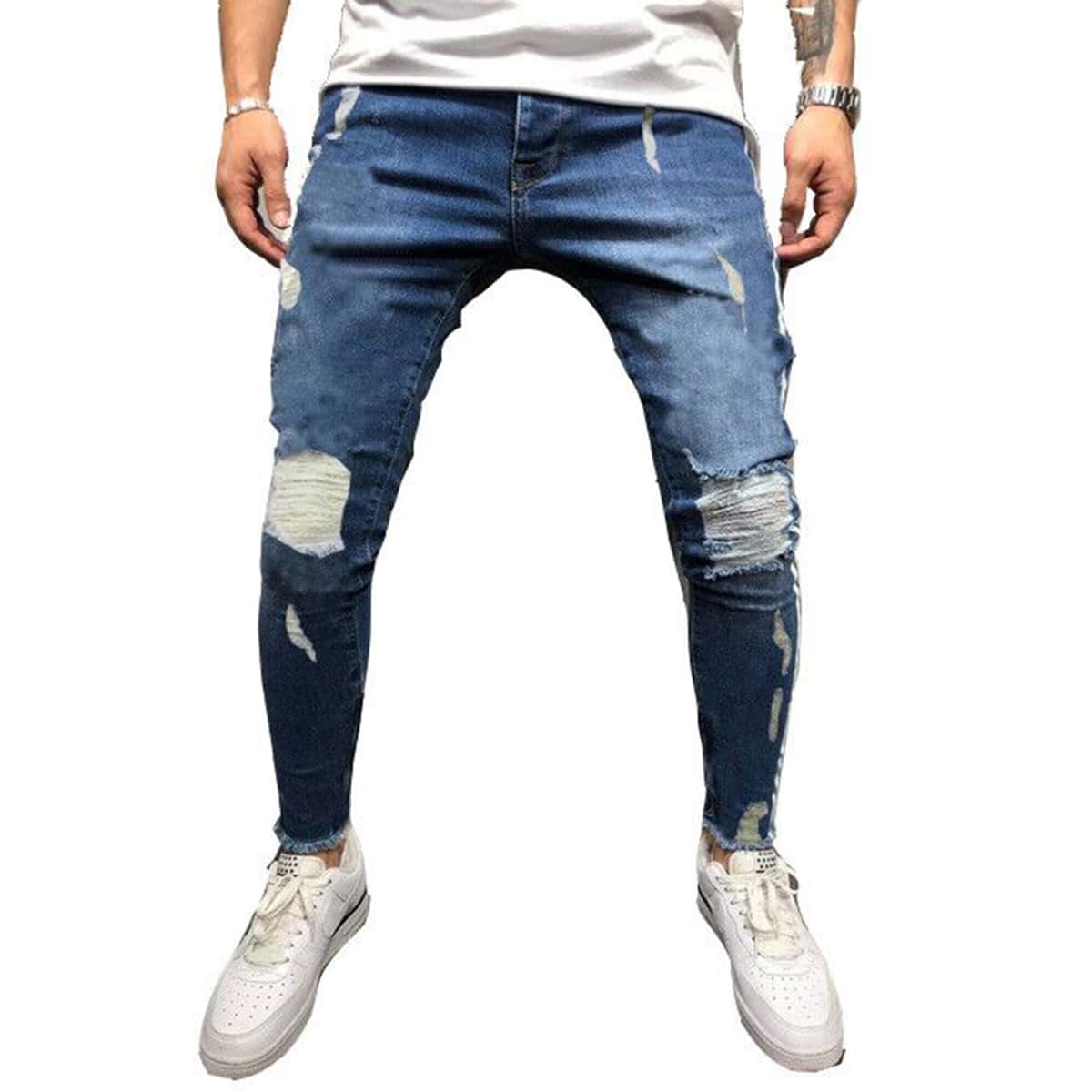 

Guys Side Stripe Ripped Skinny Jeans, Blue