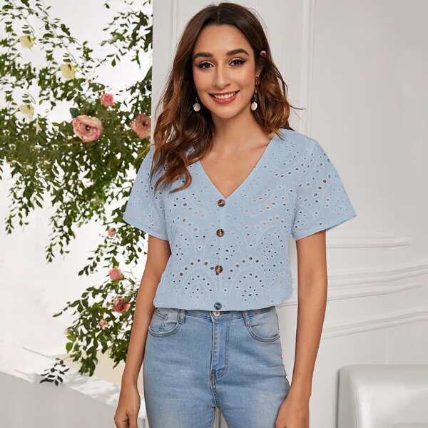 

Eyelet Embroidered Button Up Blouse, Blue
