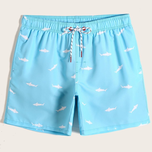 

Men Shark Print Drawstring Waist Swim Trunks, Blue