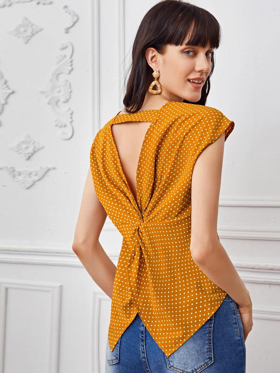 SHEIN 扭結和鏤空細節後波卡圓點上衣 - 黃色 - 查看 1