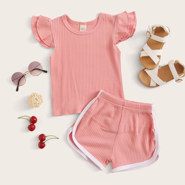 

Toddler Girls Ribbed Butterfly Sleeve Tee & Track Shorts, Pink