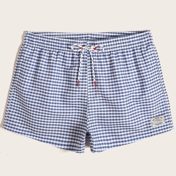 

Men Gingham Print Patched Drawstring Waist Swim Trunks, Blue