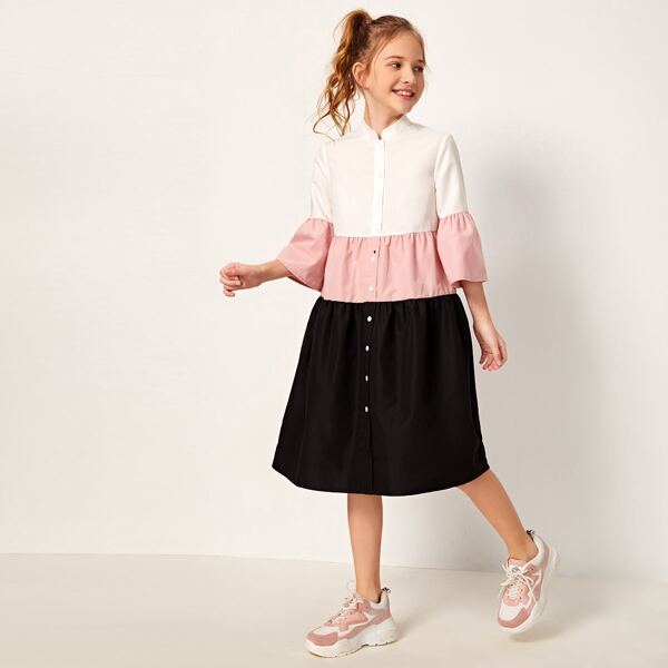 

Girls Flounce Sleeve Button Front Colorblock Dress, Multicolor
