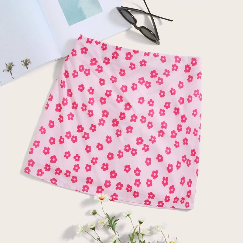 

Zip Back Floral Print Skirt, Pink