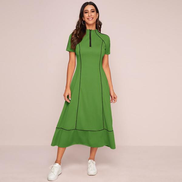 

Mock Neck Quarter Zip A-line Dress, Green