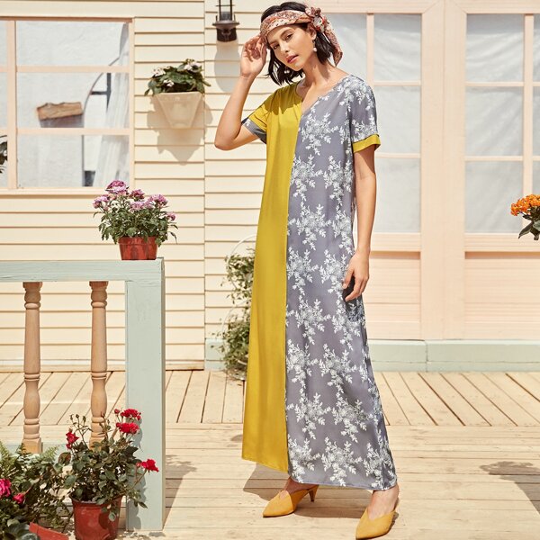 

Two Tone Floral Print Tunic Dress, Multicolor