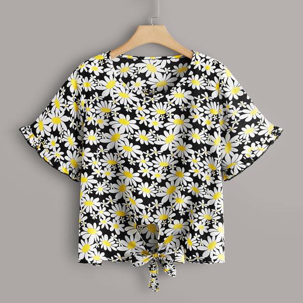 

Plus Floral Print Knot Hem Blouse, Multicolor