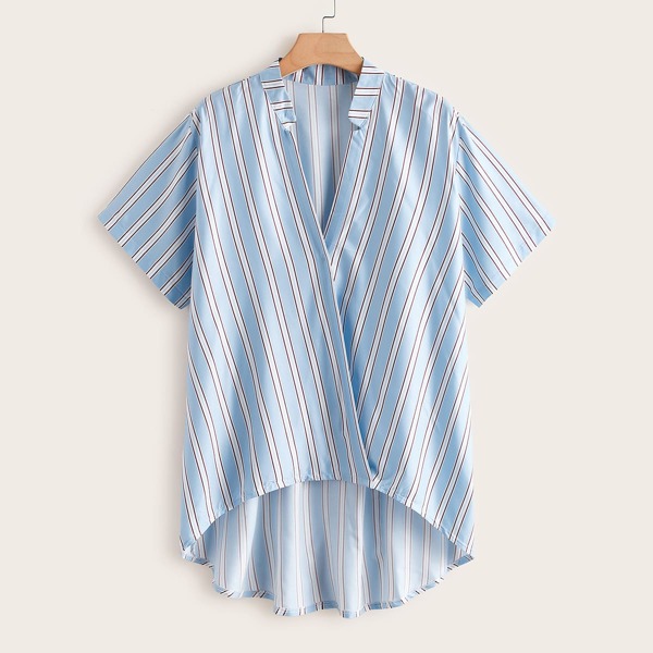 

Plus Notched High Low Striped Blouse, Blue