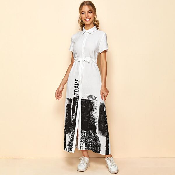 

Letter And Graphic Tie Front Shirt Print, White