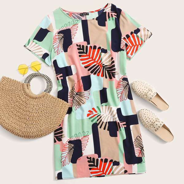 

Plus Tropical Print Dress, Multicolor