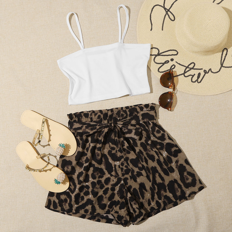 

Cami Top & Leopard Print Belted Paperbag Shorts, Multicolor